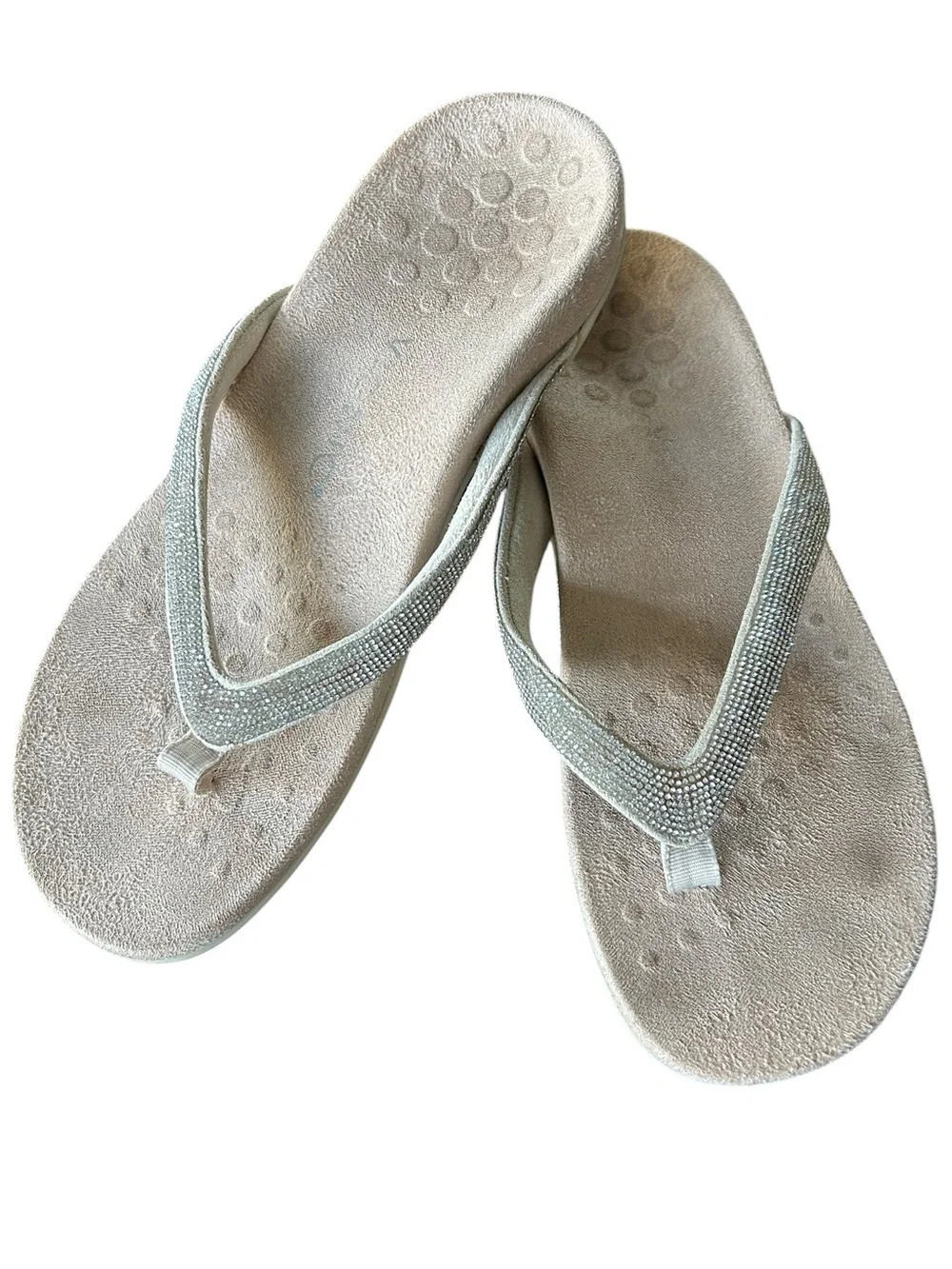 Vionic Dillon Shine Rhinestone Silver Cream Thong Sandal Flip Flops Size 7